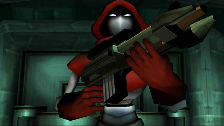 Gretel Mk II Preparing for her assault on the evil robot factory in TimeSplitters 2 (2002), Eidos Interactive.