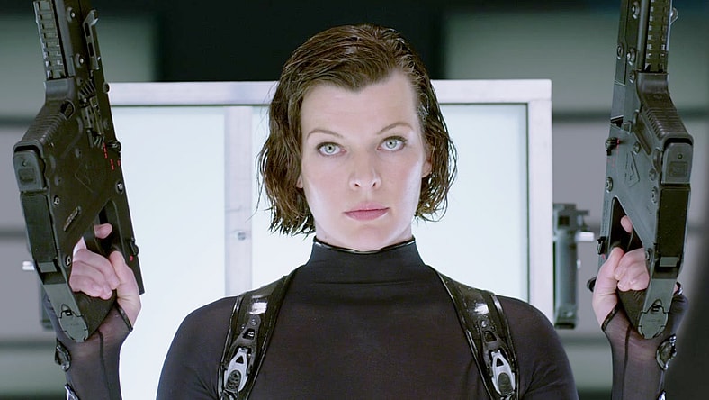 Alice (Milla Jovovich) tells Wesker (Shawn Roberts) that she's coming for him in Resident Evil: Retribution (2010), Sony Pictures