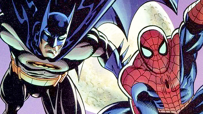 The titular heroes spring into action in Batman and Spider-Man Vol 1 #1 "New Age Dawning" (1997), Marvel Comics/DC. Words by J.M. DeMatteis, art by Graham Nolan, Karl Kesel, Gloria Vasquez, and John Costanza.