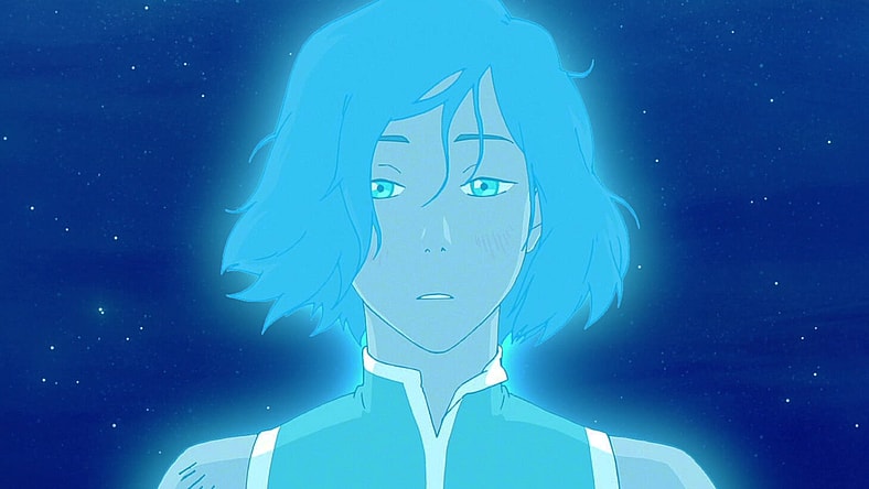 Korra (Janet Varney) enters into her Avatar State to redirect the energy from Kuvira's mech (Zelda Williams) in The Legend of Korra Season 4 Episode 13 "The Last Stand" (2014), Nickelodeon