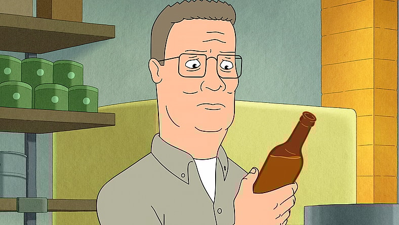 Hank (Mike Judge) questions Bobby's (Pamela Adlon) in King of the Hill Season 14 Episode 2 "The Beer Story" (2025), Disney/Hulu