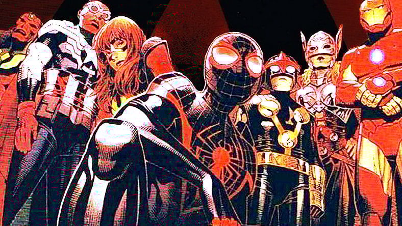 Earth's Mightiest Heroes recreate the cover art for The Roots' Illadelph Halflife on Jim Cheung's Hip-Hop Variant cover for All-New, All-Different Avengers Vol. 1 #1 (2015), Marvel Comics