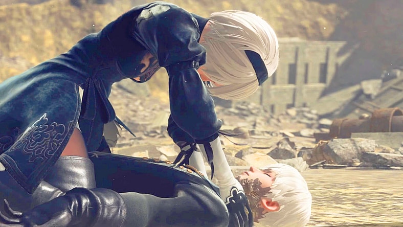 2B (Yui Ishikawa) tries to revive 9S (Natsuki Hanae) in NieR: Automata (201), PlatinumGames