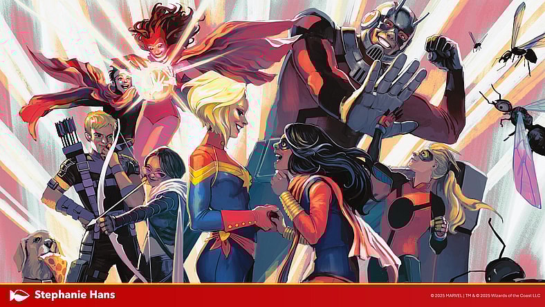 Captain Marvel, Ant-Man, Scarlet Witch, and Hawkeye pass the torch to Ms. Marvel, Stature, Wiccan, and Kate Bishop via TBA (Card #TBA), Magic: The Gathering - Marvel Universe (2026), Wizards of the Coast. Art by Stephanie Hans.