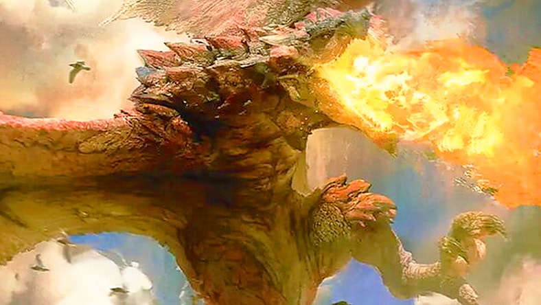 Rathalos makes his presence known via Rathalos, King of the Skies (Card #2237, Magic: The Gathering Secret Lair Drop - Monster Hunter: The Monsters (Canceled), Wizards of the Coast. Art by Brock Grossman.