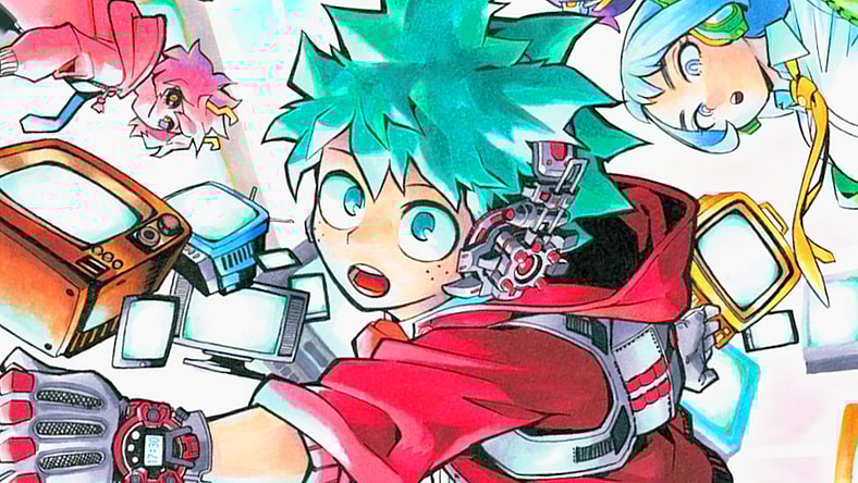 Deku embraces post-2000s computer technology on Kohei Horikoshi's color spread to My Hero Academia Chapter 246 "Message" (2019), Shueisha