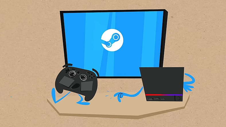 An animated depiction of the Steam Controller's low-latency with the Steam Machine in the Steam Hardware Announcement Trailer (2025), Valve