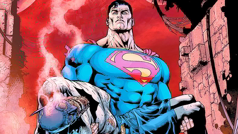 Superman discovers Batman's Anti-Life burned corpse in Final Crisis Vol. 1 #6 "How to Murder the Earth" (2009), DC. Words by Grant Morrison, Art by Doug Mahnke,, Marco Rudy, Alex Sinclair, and Pete Pantazis.