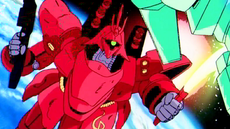 Char (Shuichi Ikeda) cuts through an enemy mobile suit in Mobile Suit Gundam: Char's Counterattack (1988), Sunrise