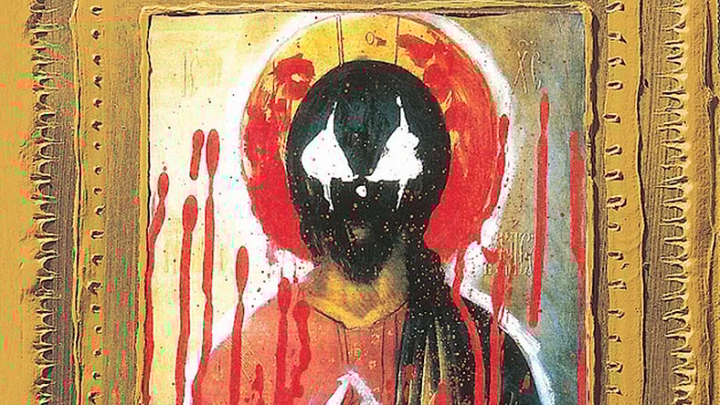 The Grendel takes on a more religious form on Matt Wagner and Rob Walton's cover to Grendel Tales: Devil's Hammer Vol. 1 #1 "Imitation of Life Part 1: Black Blood" (1994), Dark Horse Comics