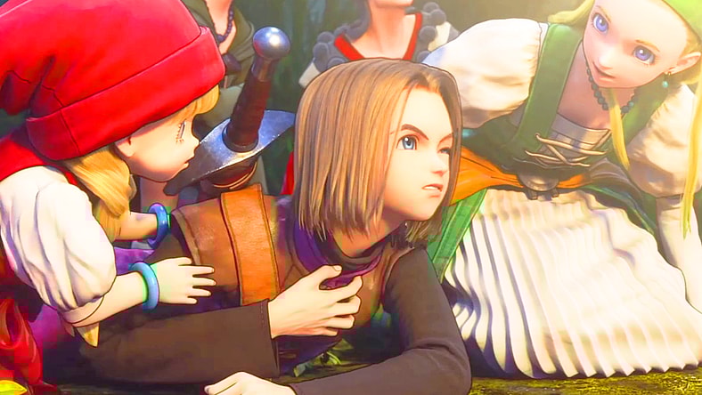 The Luminary (Mitsuki Saiga) attempts to regain his composure after Mordegon (Takaya Kuroda) steals his Heart in Dragon Quest XI: Echoes of an Elusive Age (2018), Square Enix