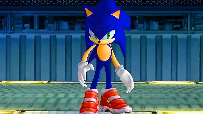 Sonic (Ryan Drummond) returns to the ARK with bad news about Shadow (David Humphrey) in Sonic Adventure 2: Battle (2001), SEGA