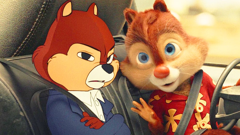 Dale (Andy Samberg) tries to get Chip (John MUlaney) on board for their latest adventure in Chip N' Dale: Rescue Rangers (2022), Disney