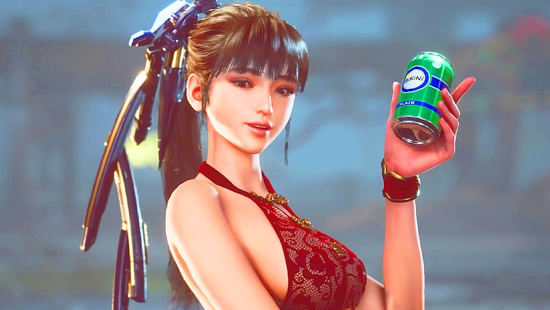 Eve (Yoon Eun-seo) grabs a drink after downing a wave of Behemoths in Stellar Blade (2024), Shift Up