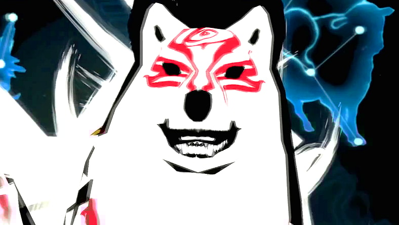 Amaterasu (N/A) stands ready to battle Yami for the fate of all reality in Ōkami (2006), Capcom