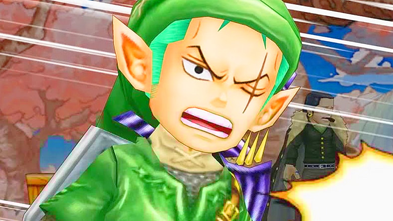 Zoro (Kazuya Nakai) dons his Hylian finest to better showcase his One-Sword Style in One Piece: Super Grand Battle! X (2014), Bandai Namco