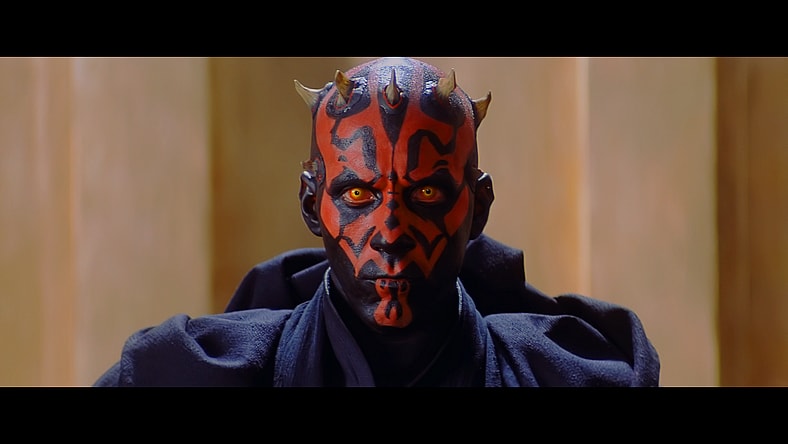 Darth Maul (Ray Park) fully reveals himself to the Jedi in Star Wars: Episode I - The Phantom Menace (1999), Lucasfilm