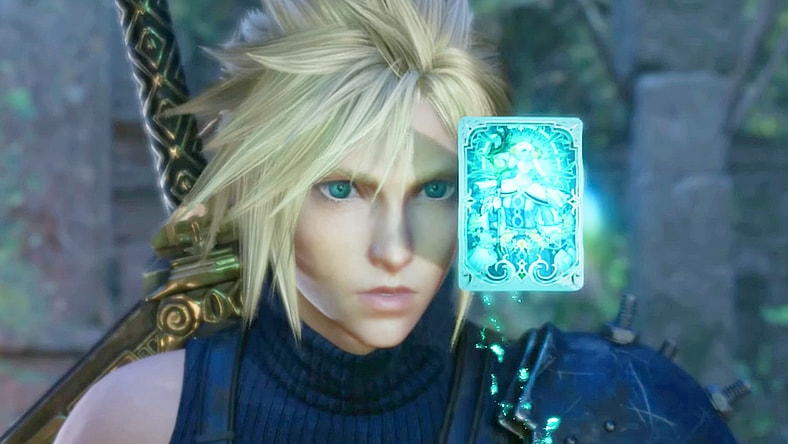 Cloud (Takahiro Sakurai) receives an assist from The Emerald Witch in Queen's Blood in Final Fantasy VII Rebirth (2023), Square Enix