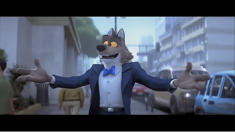 Mr. Wolf (Voiced by Sam Rockwell), on his way to an interview in Bad Guys 2 (2025), Dreamworks Animation