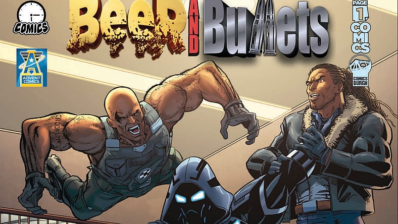 Variant cover of Beer and Bullets volume 1 issue #1 (2026). Words by Malcolm McFadden, Paige Alfred, and Tony Kittrell. Art by Serj D'lima. Six Fifteen Comics.