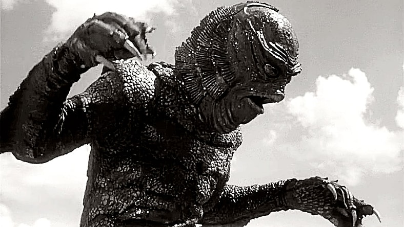 The Creature (Tom Hennessy) knows how SeaWorld treats employees so he is making a break for it in Revenge of the Creature (1955), Universal Pictures