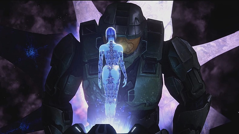 Master Chief (Steve Downes) and Cortana (Jen Taylor) barely make it onto the Forward Unto Dawn in Halo 3 (2007), Microsoft Game Studios