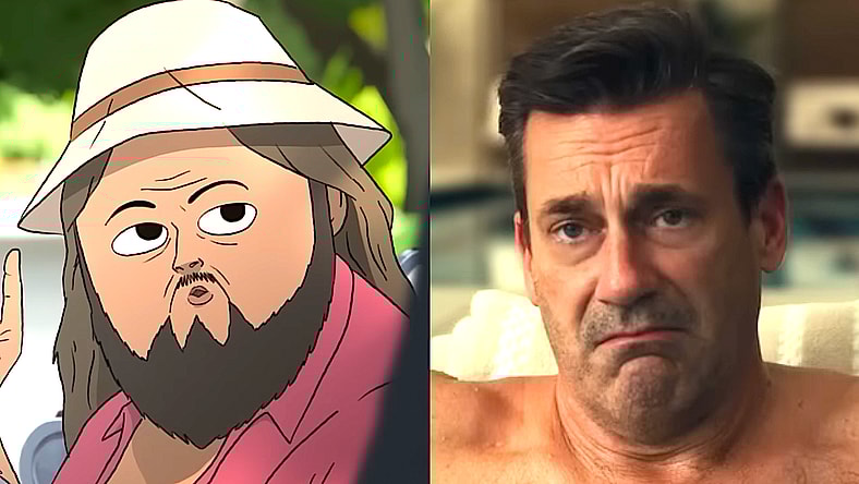 Marshall Cuso (Dave King) demonstrating the healing power of the Mushroom Cure to Frances Applewhite (Emily Pendergast) in Common Side Effects Season 1 Episode 1 "Pilot" (2025), Adult Swim / Coop (John Hamm) in a hot tub just before being told he is fired in Your Friends & Neighbors Season 1 Episode 1 "This Is What Happens" (2025), Apple TV+