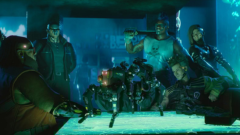 Dex (Michael-Leon Wooley) shows off the merchandise in Cyberpunk 2077 (2020), CD Projekt Red