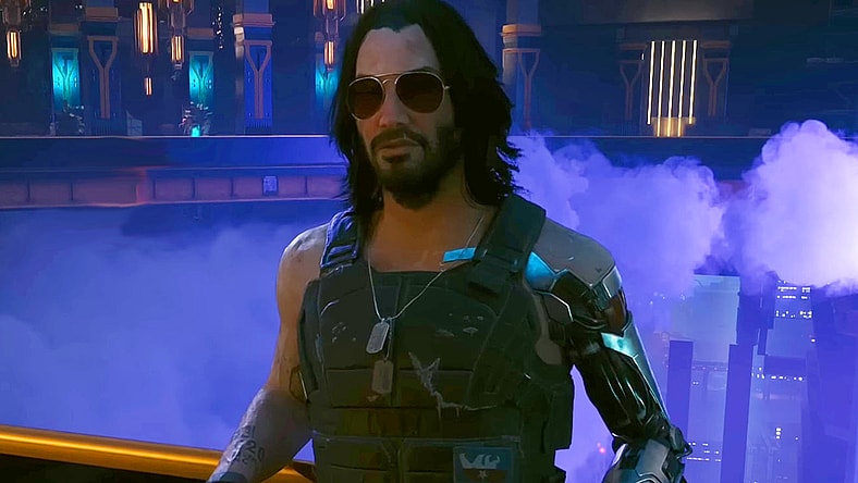 Johnny (Keanu Reeves) is impressed by Kurt Hansen's (Eliah Moutjoy) party hosting abilities in Cyberpunk 2077: Ultimate Edition (2025), CD Projekt Red