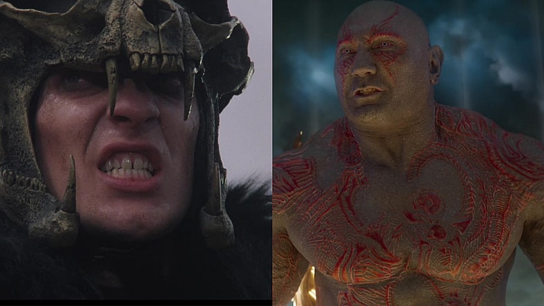 The Kurgan (Clancy Brown) in HIghlander (1986), Studiocanal, and Drax (Dave Bautista) in Guardians of the Galaxy Vol. 2 (2017), Marvel Studios