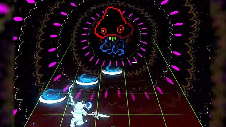 The soul builds energy to attack the neon jellyfish in Everhood 2 (2025), Foreign Gnomes