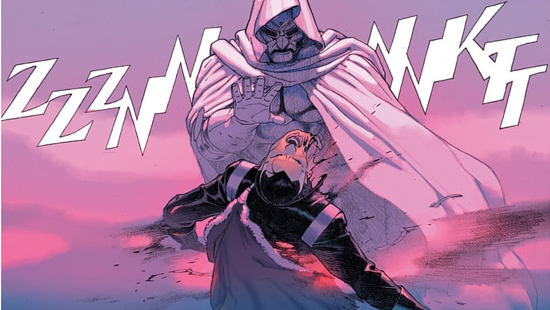 God Emperor Doom strikes Doctor Strange causing him to disintegrate in Secret Wars Vol.1 Issue #4 "All the Angels Sing, All the Devils Dance" (2015), Marvel Comics. Words by Jonathan Hickman, art by Esad Ribic.