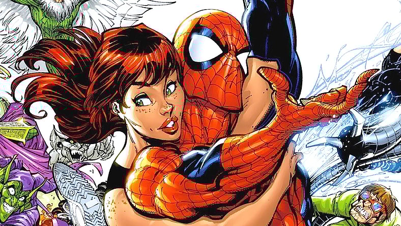Spider-Man and Mary-Jane swing away from their troubles on J. Scott Campbell's cover to Amazing Spider-Man Vol. 1 #500 "Happy Birthday, Part Three" (2003), Marvel Comics
