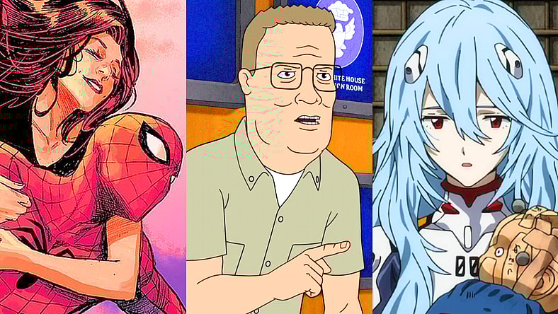 Mary-Jane and Peter take to the skies of New York City in Ultimate Spider-Man Vol. 1 #1 (2024), Marvel Comics. Words by Jonathan Hickman, art by Marco Checchetto, Matthew Wilson, and Cory Petit. / Hank Hill (Mike Judge) has no time for 'Obama Birth Certifcate' nonsense in King of the Hill Season 14 Episode 3 "Chore Money Chore Problems" (2025), Disney/Hulu / Rei Ayanami (Megumi Hayashibara) is happy with non-existence in 3.0+1.0 Thrice Upon a Time (2021), Studio Khara