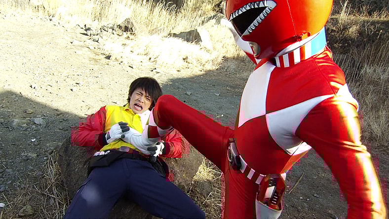 Powerful TyrannoRanger (Tomokazu Seki) overpowers AkibaRed (Masato Wada) in Unofficial Sentai Akibaranger Season 2, Episode 5 "Delusional Imports" (2013), Toei Co. Ltd.