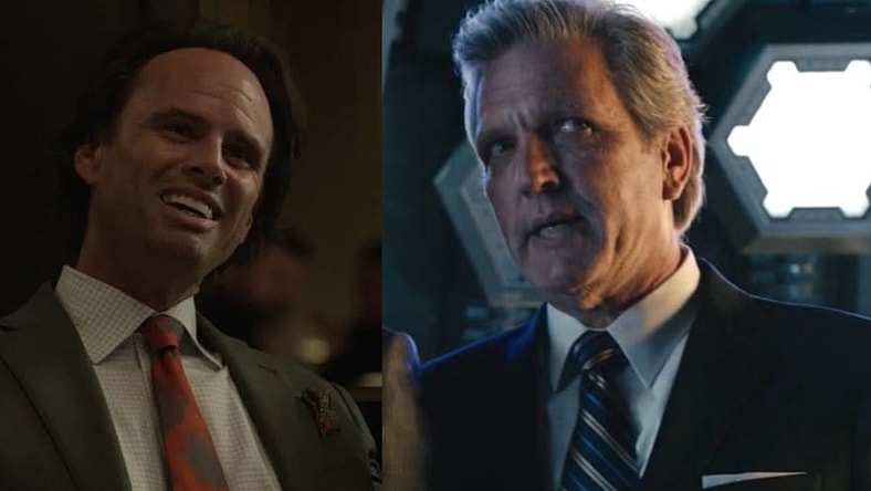 Sonny Burch (Walton Goggins) plotting against Pym Tech in Antman and the Wasp (2018),: Mitchell Carson (Martin Donovan) together at Pym Tech in Ant Man, 2015, Marvel Entertainment
