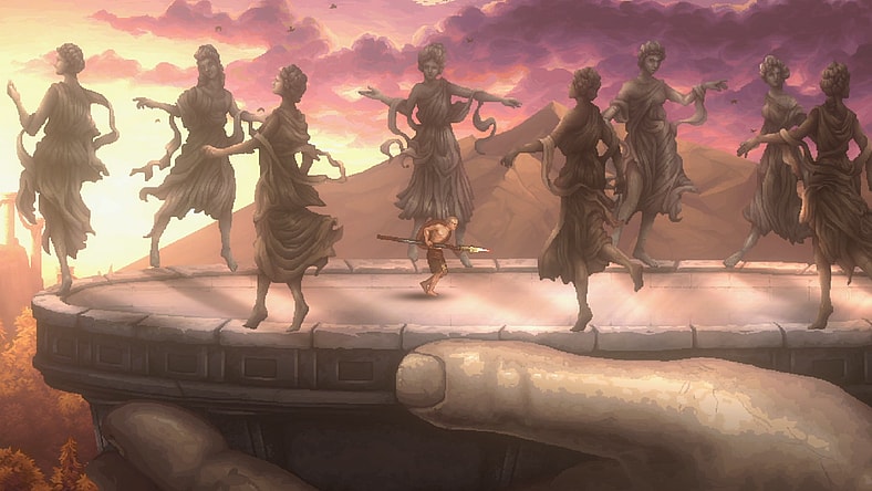 Kratos (Antony Del Rio) among statues of dancing women on a giant statue's hand in God of War Sons of Sparta (2026), Sony Interactive Entertainment