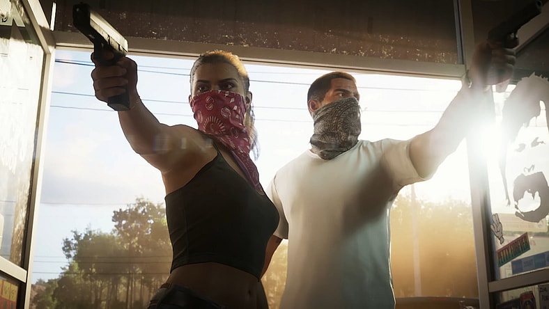 Lucia (TBA) and Jason (TBA) conduct a stick-up in Grand Theft Auto VI (2025), Rockstar Studios