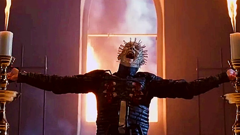 Hell Priest (Doug Bradley) preaches the gospel of pain in Hellraiser III: Hell on Earth (1992), Miramax Films