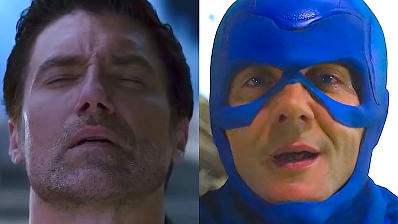 Black Bolt (Anson Mount) says goodbye to to Maximus (Iwan Rheon) in Inhumans Season 1 Episode 8 "...And Finally: Black Bolt" (2017), Marvel Television / The Tick (Peter Serafinowicz) slowly falls to the ground in The Tick Season 1 Episode 4 "Party Crashers" (2017), Amazon Studios