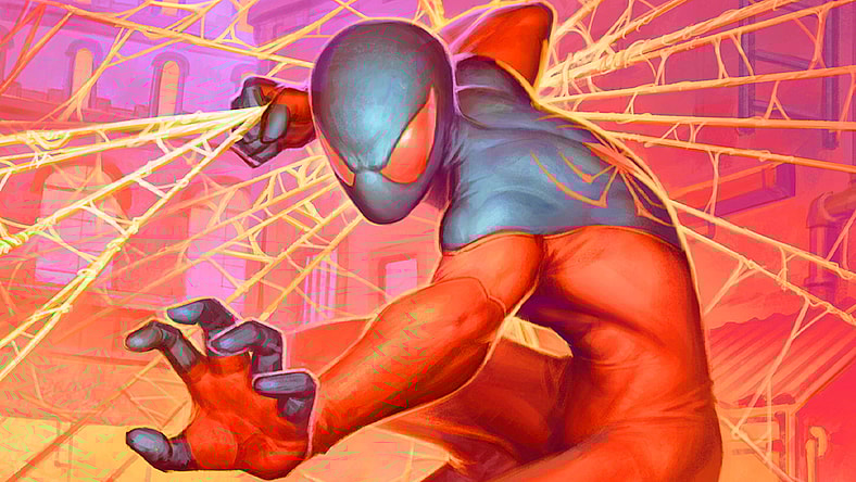 The Clone Saga's lost child is ready to leave his mark via Scarlet Spider, Kaine (Card #143) Magic: The Gathering – Marvel’s Spider-Man (2025), Wizards of the Coast. Art by Forrest Imel.