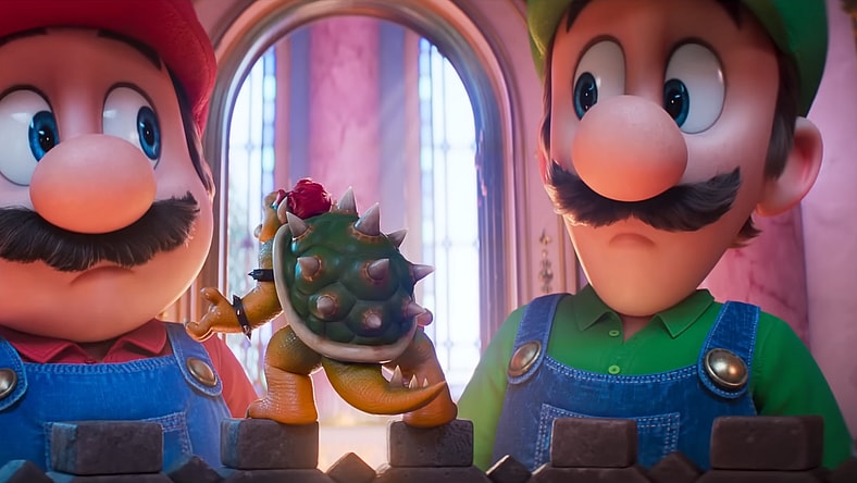 Mario (Chris Pratt) and Luigi (Charlie Day) are surprised how much fight Bowser (Jack Black) still has in him in The Super Mario Galaxy Movie (2026), Illumination Entertainment