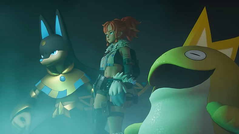 The player, Anubis, and a new Electric Pal face down a glowing Pal in the dark in Palworld (2024), Pocketpair