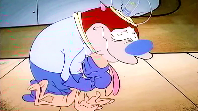 Stimpy cradles Ren (both Billy West) after he succumbs to Space Madness in The Ren & Stimpy Show Season 1 Episode 5 "Space Madness" (1991), Nickelodeon