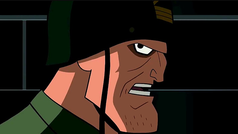 Sgt. Rock (Fred Tatasciore) is in the trenches with the Dark Knight (Diedrich Bader) in Batman: The Brave and The Bold Season 2 Episode 21 "The Plague of the Prototypes" (2010), Cartoon Network
