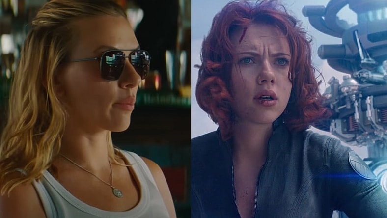 Zora Bennet (Scarlett Johansson) recruiting Duncan Kincaid (Mahershala Ali) in Jurassic World Rebirth, 2025, Universal Pictures: Black Widow (Scarlett Johansson) prepares to disable the Chitarui's portal generator in The Avengers (2012), Marvel Entertainment via Blu-ray