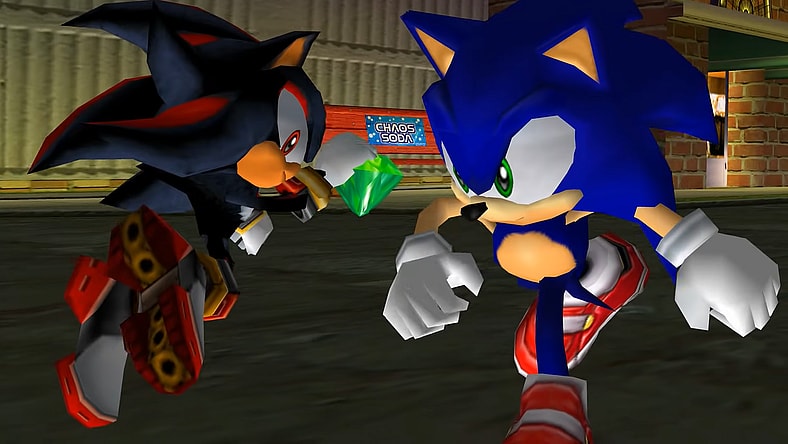 Shadow (David Humphrey) uses Chaos Control to fly past Sonic (Ryan Drummond) in Sonic Adventure 2: Battle (2001), SEGA