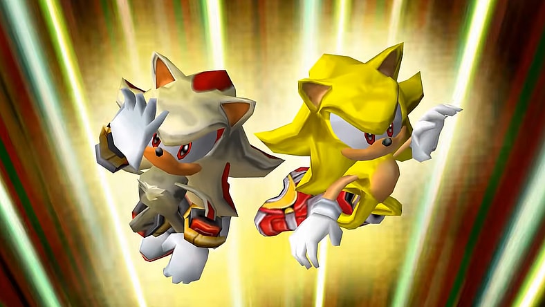 Sonic (Ryan Drummond) and Shadow David Humphrey) unleash the full power of the Chaos Emeralds in Sonic Adventure 2: Battle (2001), SEGA