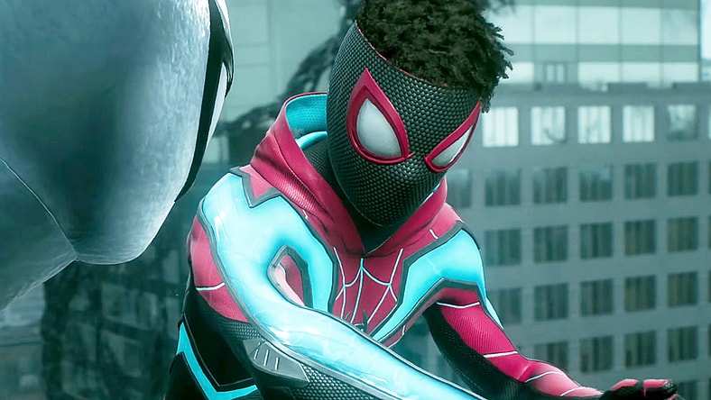 Miles (Nadji Jeter) shows off his first original suit to Peter (Yuri Lowenthal) in Marvel's Spider-Man 2 (2023), Insomniac Games