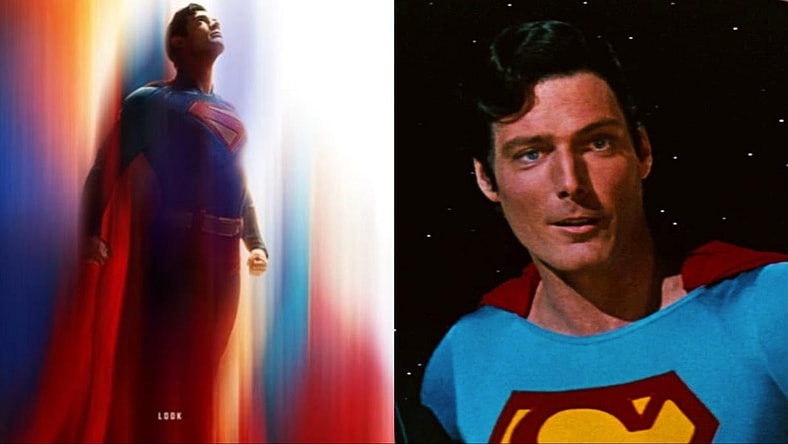 Superman (David Corenswet) in a Motion Video on by James Gunn on Instagram and Superman (Christopher Reeve) saving astronaut in Superman III, DC Studios